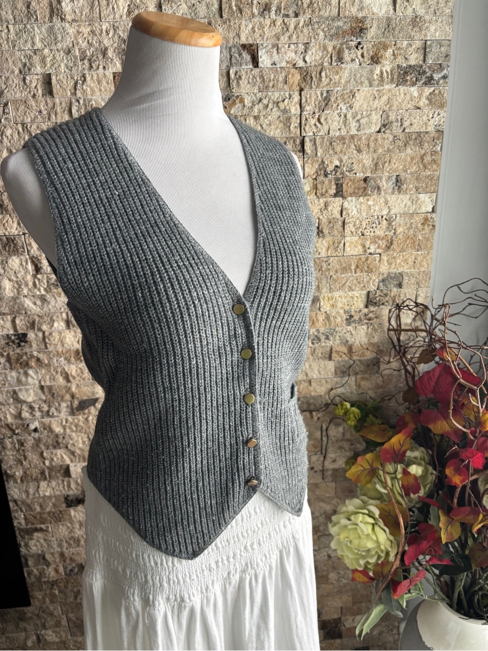 Vintage Classic Gray Ribbed V-Neck Button Sweater Vest